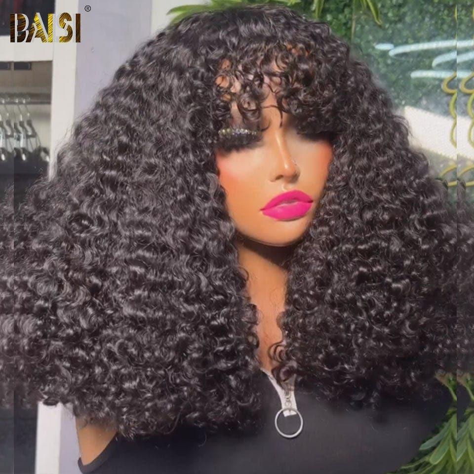 BAISI Perruque Kinky Curly Bouclée avec Frange Noir 85€ 12 Pouces en 100% Cheveux Humains de Bonne Qualité CODE: FR20