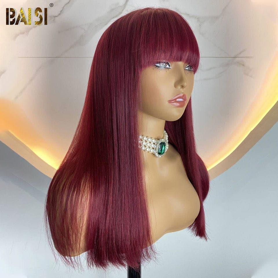 BAISI Perruques de Luxe Lisse en Bordeaux #99J  avec Frange Fabriquées par les cheveux double drawn avec la raie naturel au mileux