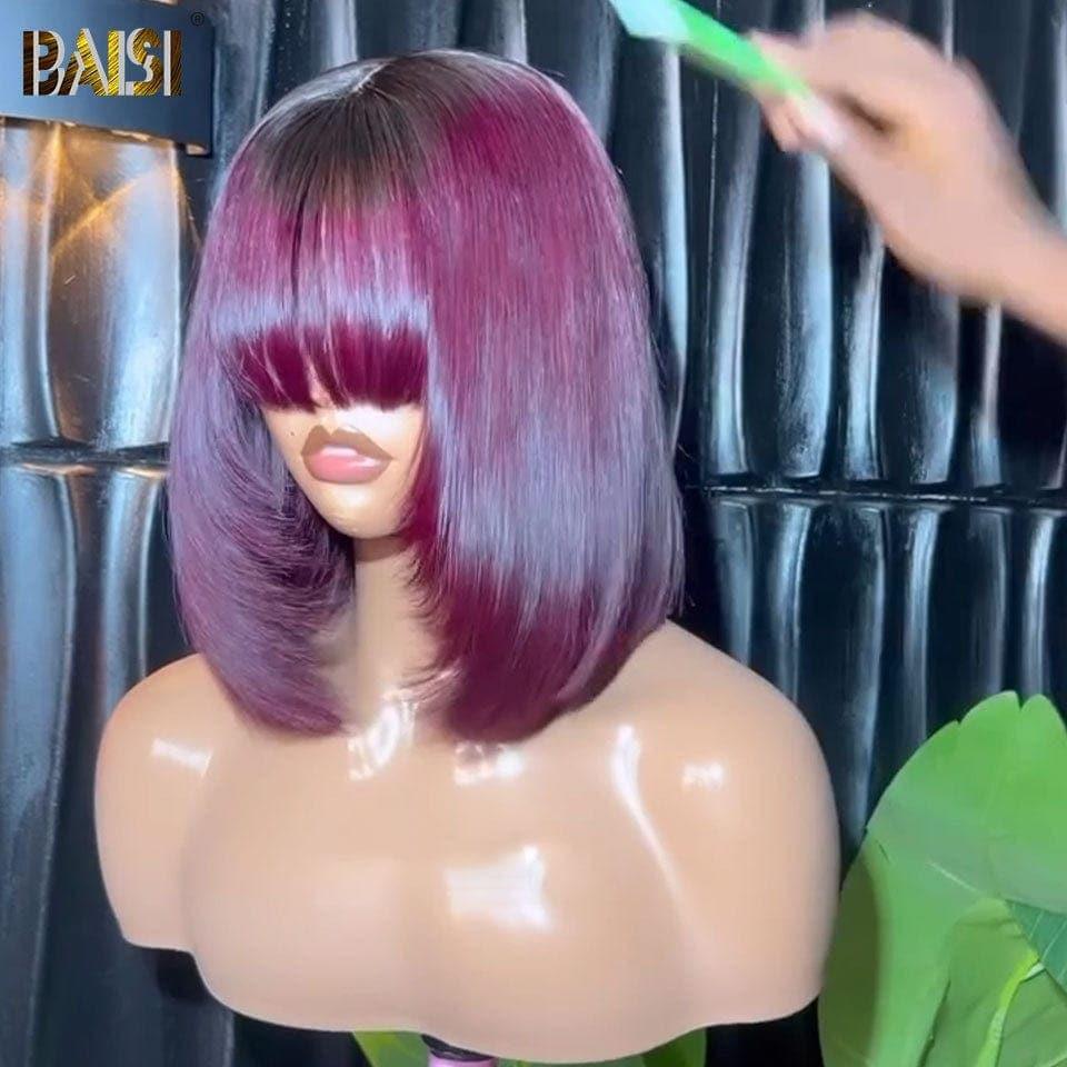 BAISI Achetez 1 + 1 Gratuite = 198€ 4X4 lace Marron 1BT4# 12 Pouces et Lisse avec Frange 8 Pouces DE luxe ou Perruque Lisse AVEC FRANGE en couleur #1BT99J en 100% Cheveux Humains