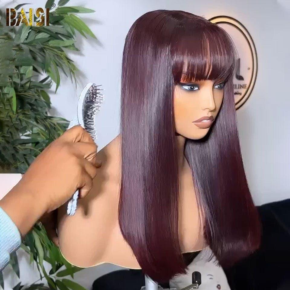 Perucas retas de luxo BAISI em Borgonha # 99J com franja feita por cabelo duplo desenhado com divisão central natural