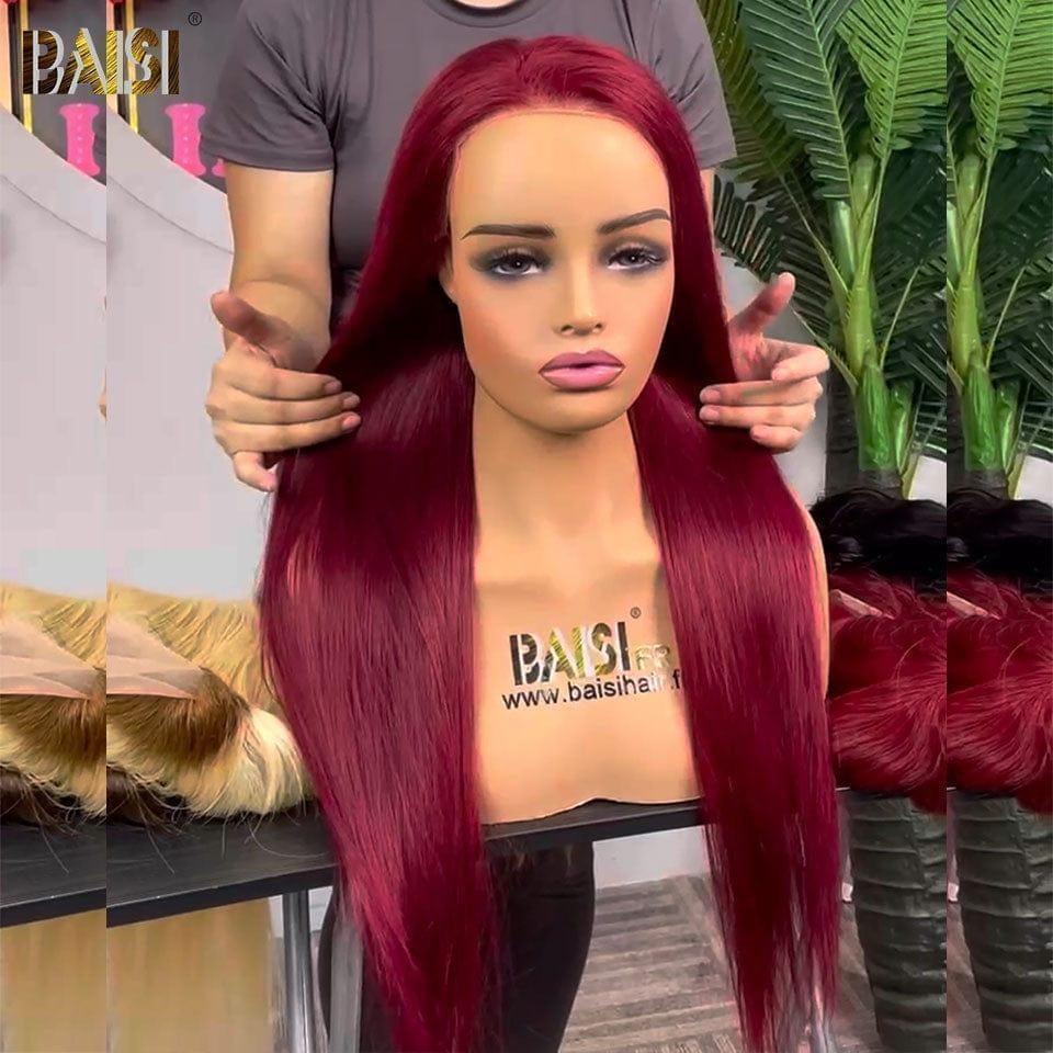 BAISI 13x4 Frontal Straight Wig in Burgundy #99J Pre-Plucked No Glue Needed in 100% Raw Hair Lace Already Cut