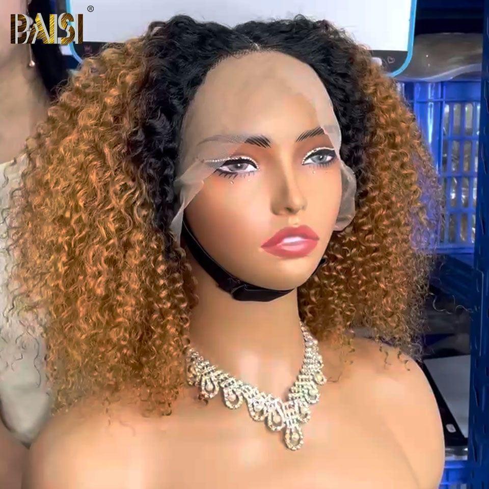 BAISI T PART LACE CURLY WIG IN BROWN 100% HUMAN HAIR