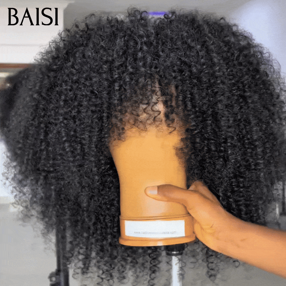 BAISI Perruque Afro Curly Bouclée Noir avec Frange Sans Lace ou Avec 13x4 Lace Frontal  18 Pouces 300% de Densité Trop Doux  en 100% Cheveux Humains de Bonne Qualité