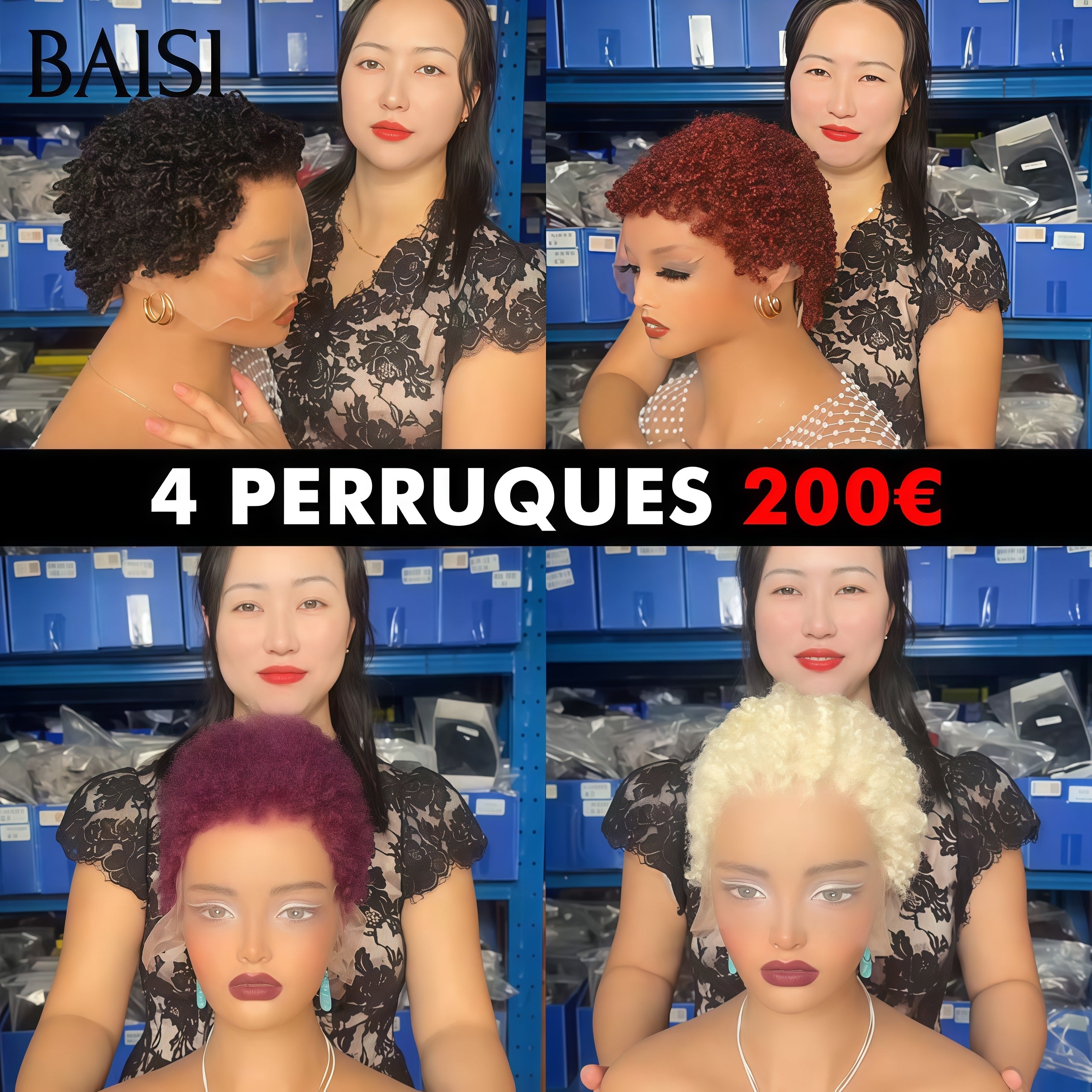 BAISI 4 perruques 200€ pixie 13x4 Lace Frontale NOIR et brun et Bordeaux et blonde En 100% Cheveux Humains