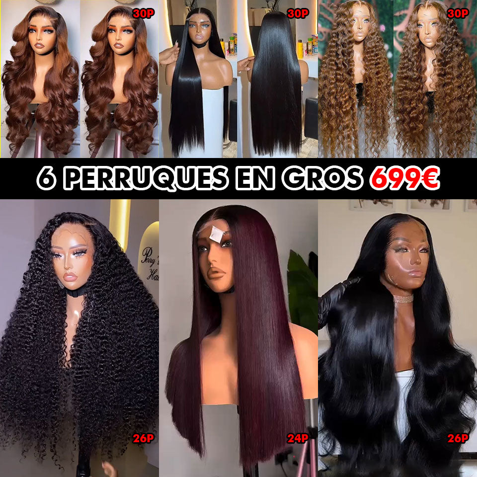 BAISI PROMO Ventes En Gros 6 Perruques 699€ 6 types de perruques différents long lisse et deep wave et curly wave en 4 couleurs en 100% cheveux humains