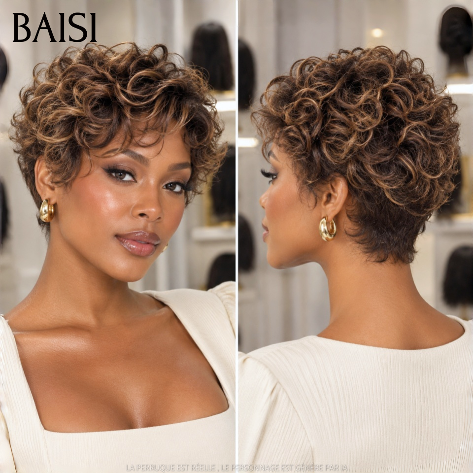 BAISI Perruque Pixie Wave Très jolie coupe 98€ Couleur Châtain Marron 100% Recommandé Qualité Garantie en 100% Cheveux humains