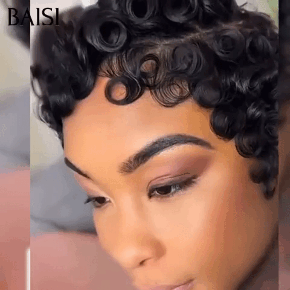 BAISI  Perruque Chioma pixie 13x4 lace Frontale finger wave NOIR Moitié Prix 55€ Livraison Express 48H en 100% cheveux humains
