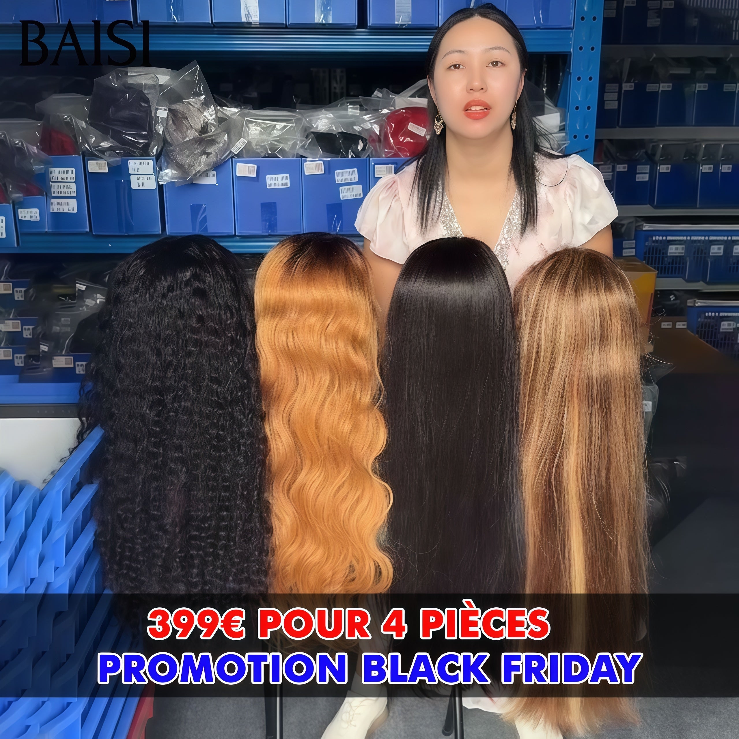 BAISI Promotion Black Friday 399€ pour 4 pièces perruques 13x4 lace frontal 26 Pouces lisse et body wave et curly waveen 3 couleurs en 100% Cheveux Humains