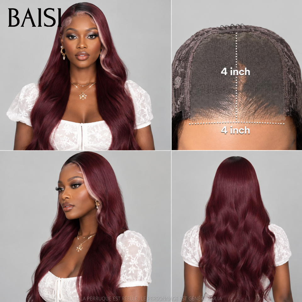 BAISI 4x4 Perruque Body Wave En couleur 1b bordeaux mèches blonde 613 Sans Colle Lace déjà couper Facile à Porter en 100% Cheveux Humains