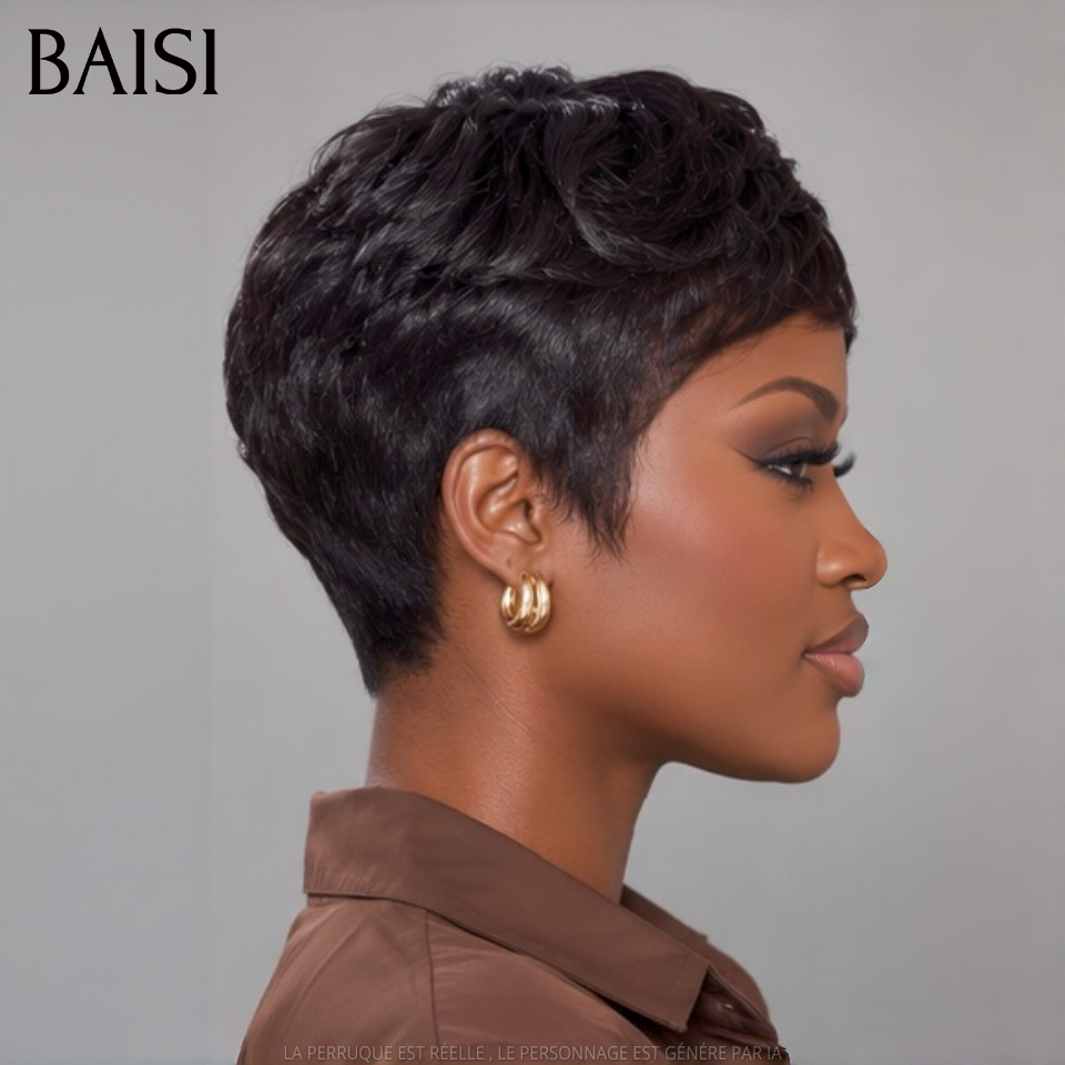 BAISI Perruque pixie sans lace Lisse 35€ ou Bouclée Water Wave Fabriqué à la Machine 10 Pouces 68€ en 100% Cheveux humains