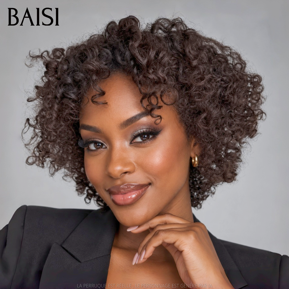 BAISI Perruque pixie sans lace Lisse 35€ ou Bouclée Water Wave Fabriqué à la Machine 10 Pouces 68€ en 100% Cheveux humains