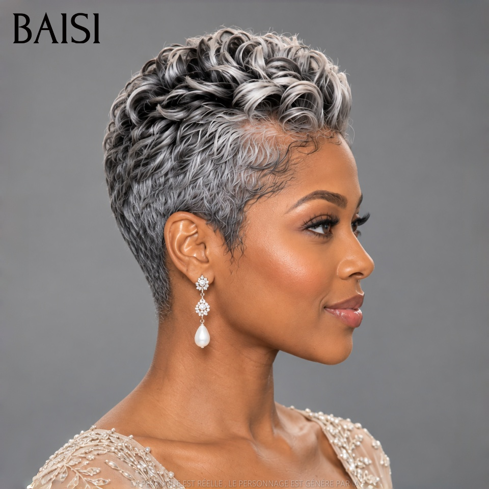 BAISI 5x5 Lace Perruque Pixie Curls Raie sur le côté Gris# A la Mode en 100% Cheveux Humains