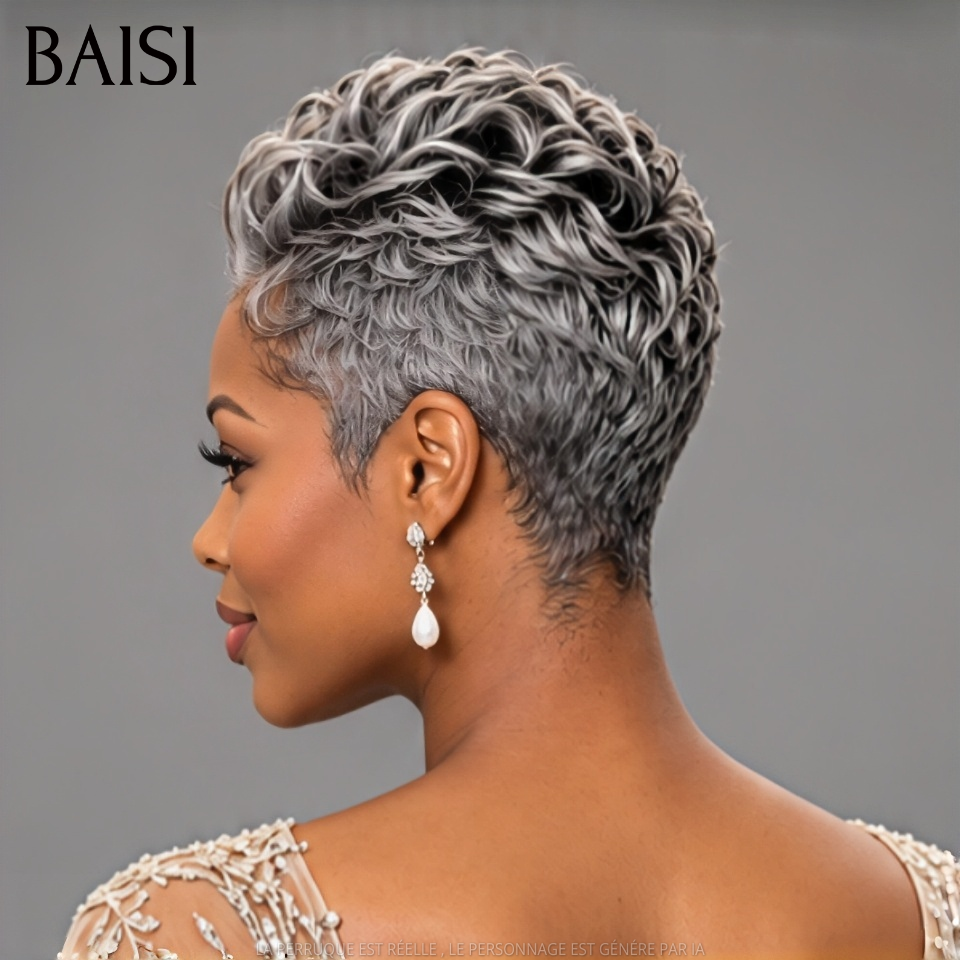 BAISI 5x5 Lace Perruque Pixie Curls Raie sur le côté Gris# A la Mode en 100% Cheveux Humains