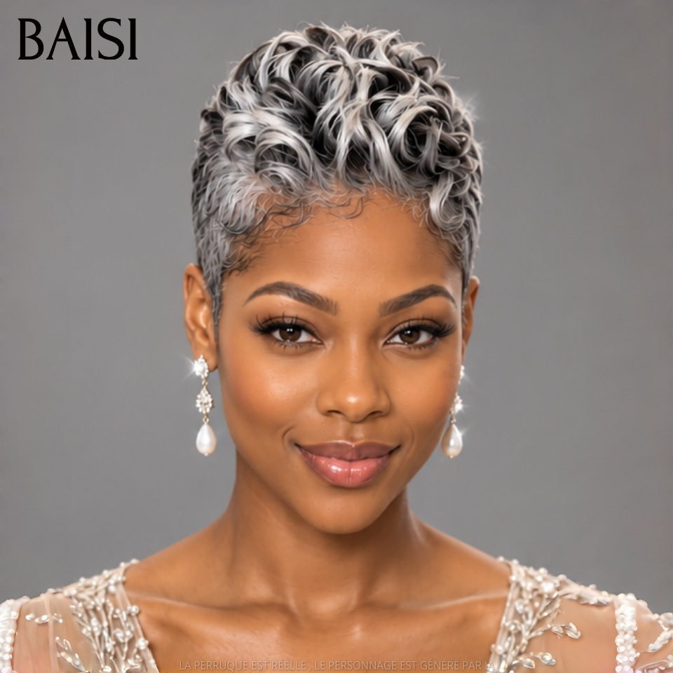 BAISI 5x5 Lace Perruque Pixie Curls Raie sur le côté Gris# A la Mode en 100% Cheveux Humains
