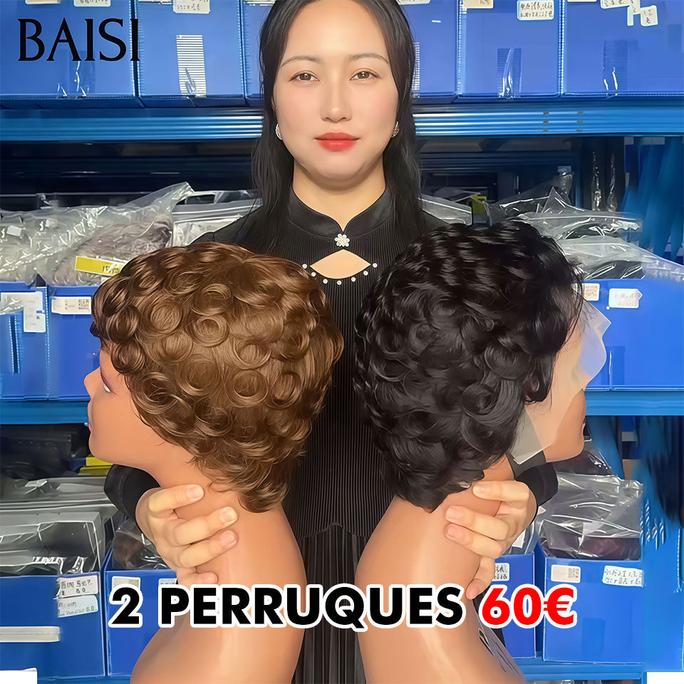 BAISI Ventes En Gros 2 perruques 60€ chioma 13x4 pixie finger wave noir et sans colle marron en 100% Cheveux Humains BS30