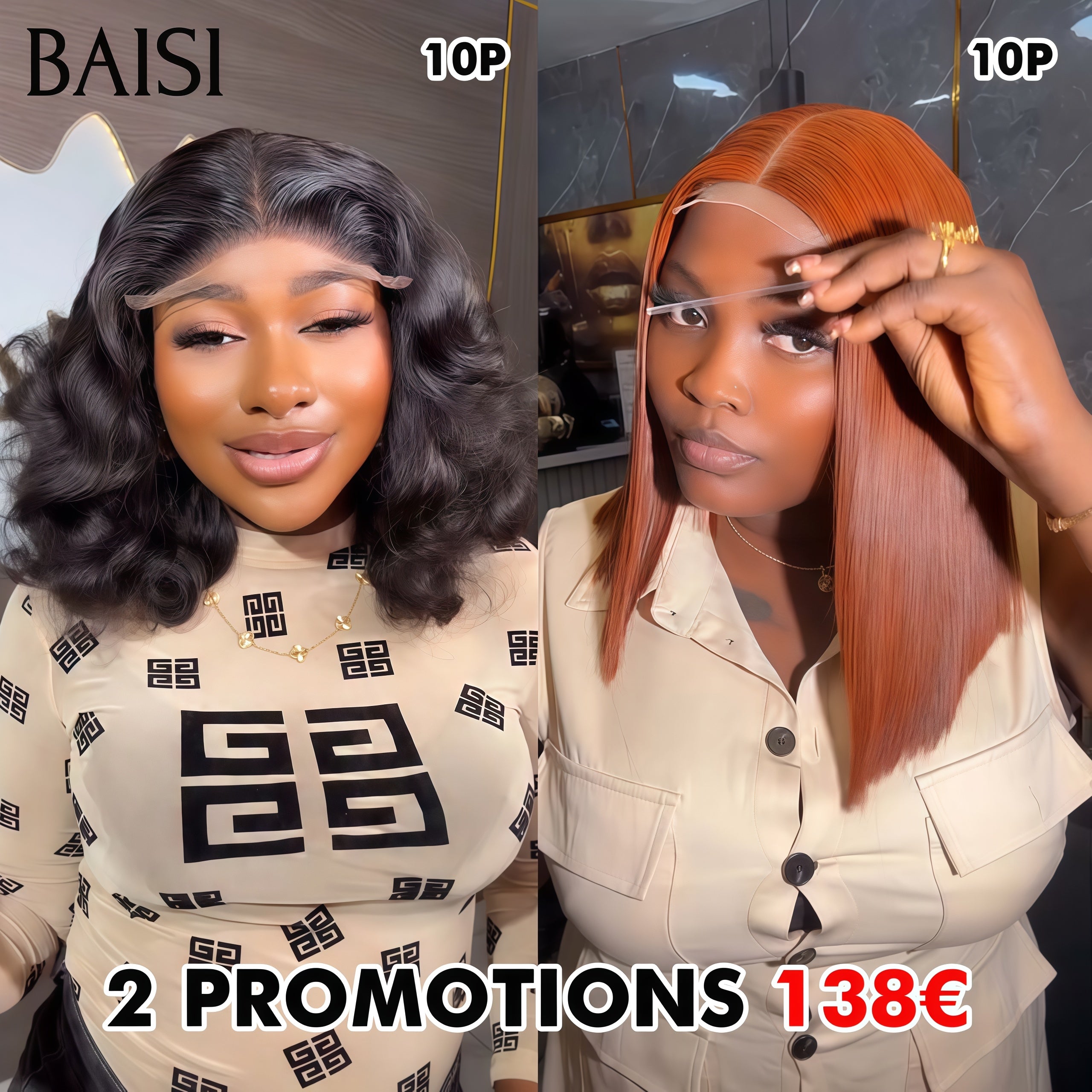 BAISI Ventes En Gros 2 Perruques 138€ PROMO 4X4 lace egg wave noir 10 pouces et lisse orange 10 pouces en 100% cheveux humains