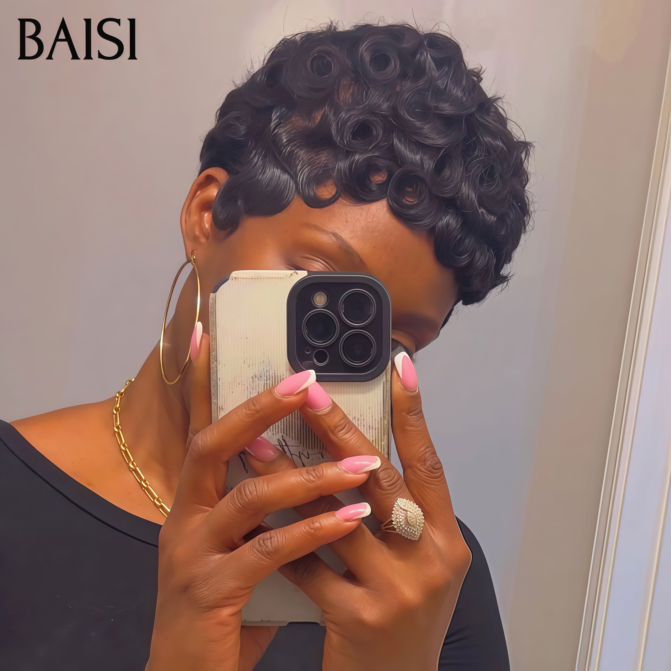 BAISI  Perruque Chioma pixie Sans Colle Prêt-à-porter 40€ finger wave NOIR Moitié Prix  en 100% cheveux humains