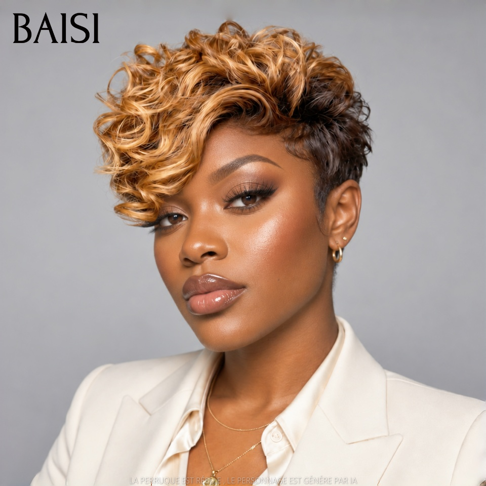 BAISI Perruque Pixie Curls Raie sur le côté NOIR Mixte Miel en 100% Cheveux Humains