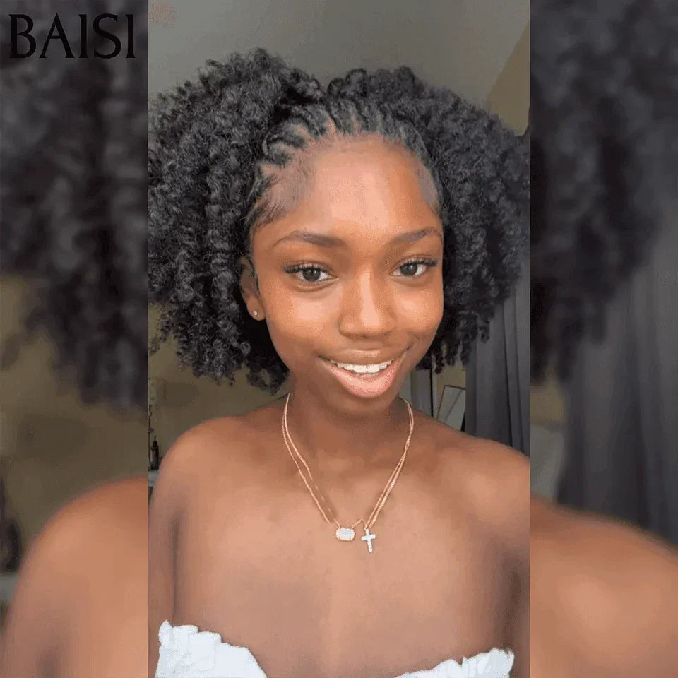 BAISI perruque Bob Afro curly Petite natte frisé frontale lace 100% cheveux humains