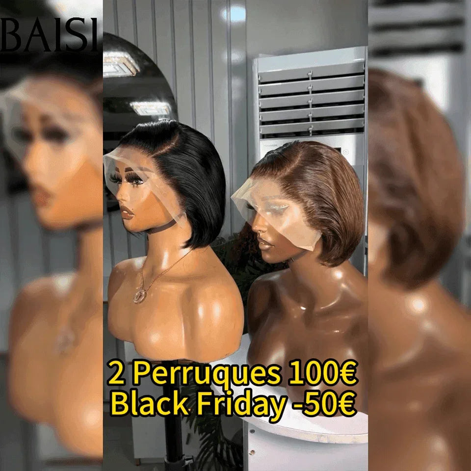 BAISI Moitié Prix 100€ 2 perruques 13X4 lace pixie lisse noir et marron  en 100% cheveux humains MP50