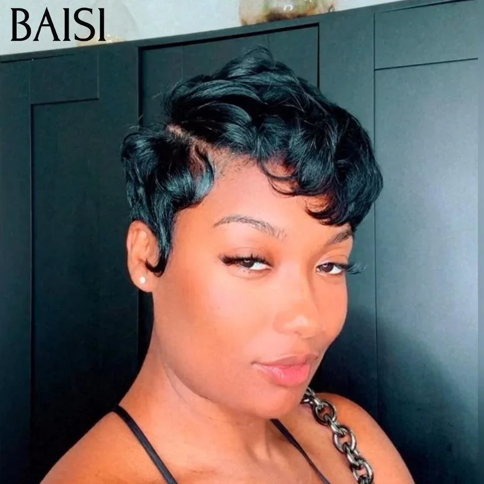 BAISI Grand SOLDES TVA 0€ 39€ Coiffure à la Mode #007G Pixie En Couleur NOIR en 100% Cheveux Humains