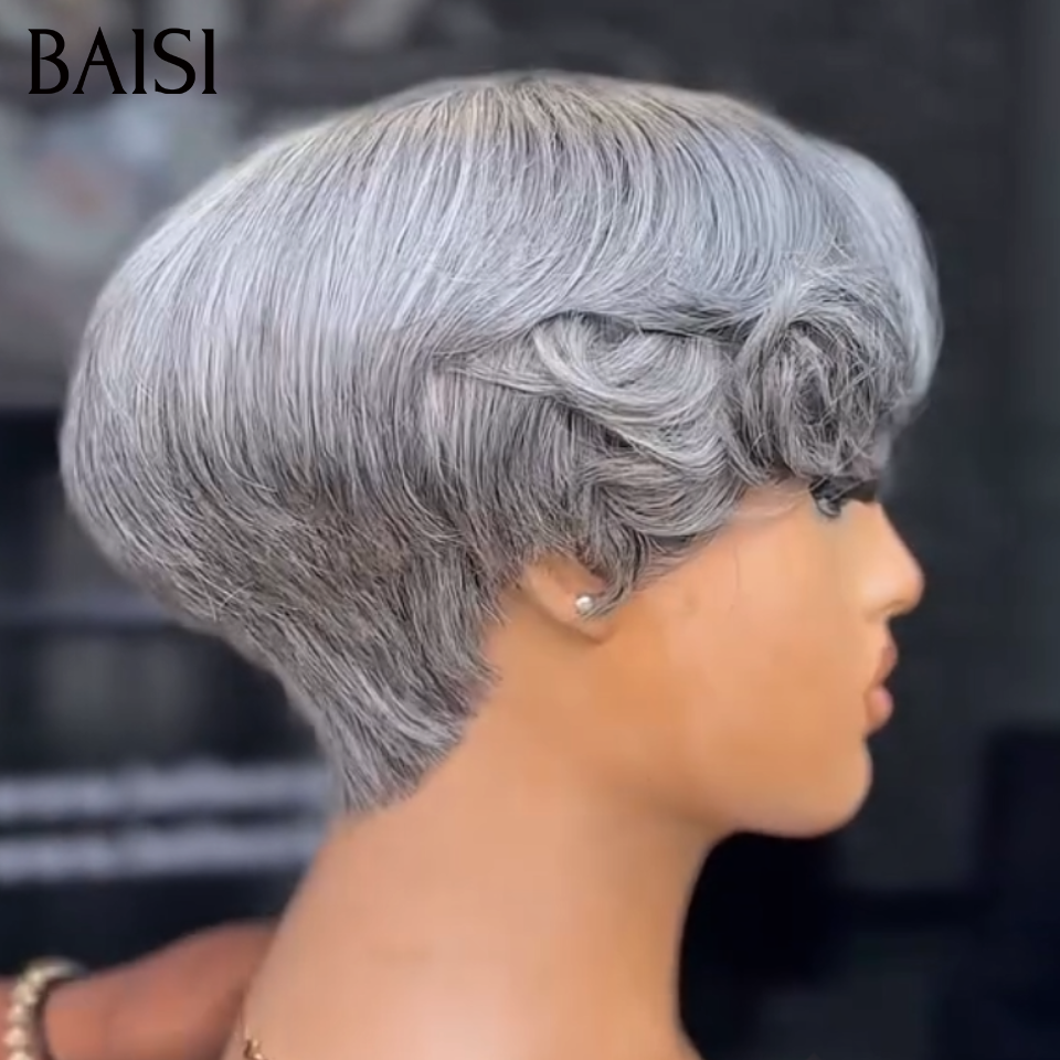 BAISI 13X4 lace Perruque Pixie Lisse Bout Ondulée 69€ Seulement Couleurs personnalisées gris Avec Raie de Côté Comme la video Nouveau Modèle en 100% Cheveux Humains 