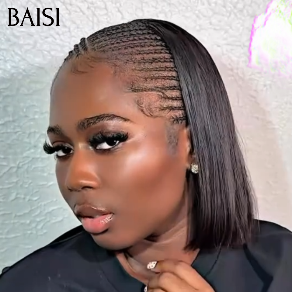BAISI 13x4 Lace Perruque Déjà Coiffée Prête à Porter Carré Lisse A/B Petites Nattes Style Authentique en 100% Cheveux Humains