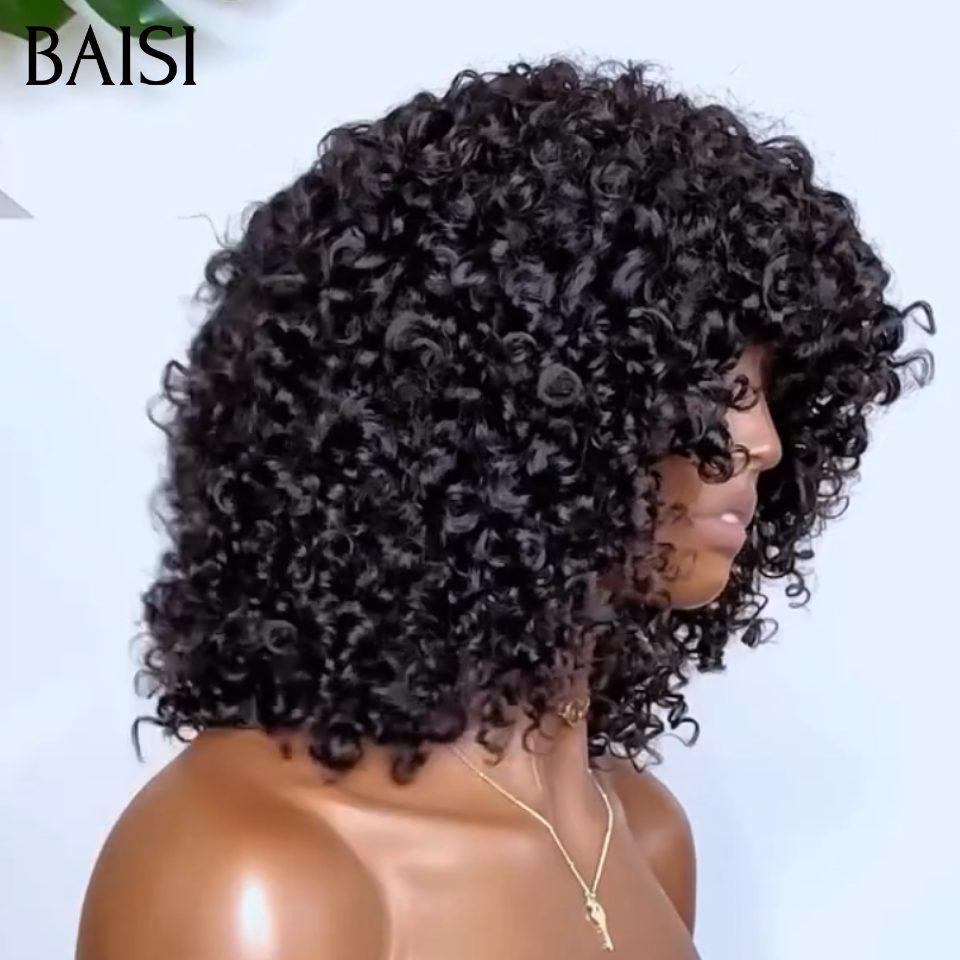 BAISI  Perruque BOB curly Wave avec Frange 12 Pouces promo 90€ Sans Colle Sans Lace  fabriqué à la machine En 100% Cheveux Humains