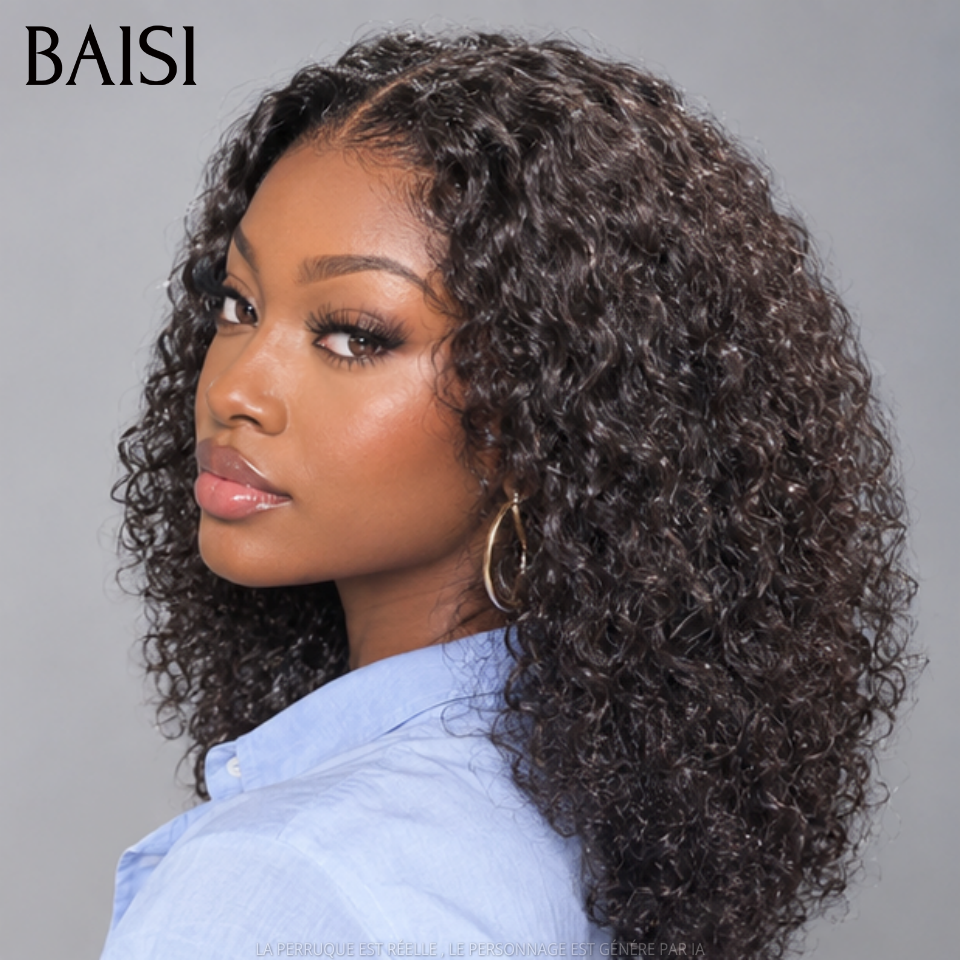 BAISI 4x4 Lace Perruque Sans Colle  Bob Curly Noir Seulement Lace déjà couper 250% de Densité Bien Remplie en 100% Cheveux Humains