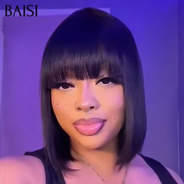 BAISI 2x6 Lace Perruque 100% Vietnam Hair Bob Lisse Noir Avec Frange 8Pouces à 12Pouces Top Grade en 100% Cheveux Humains Reçu 48H TVA 0€