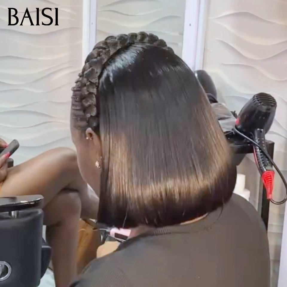BAISI 13x4 Lace Perruque BOB Déjà Coiffée Prête à Porter Avec Natte Naturelle Carré Lisse 10Pouces à Style Authentique en 100% Cheveux Humains