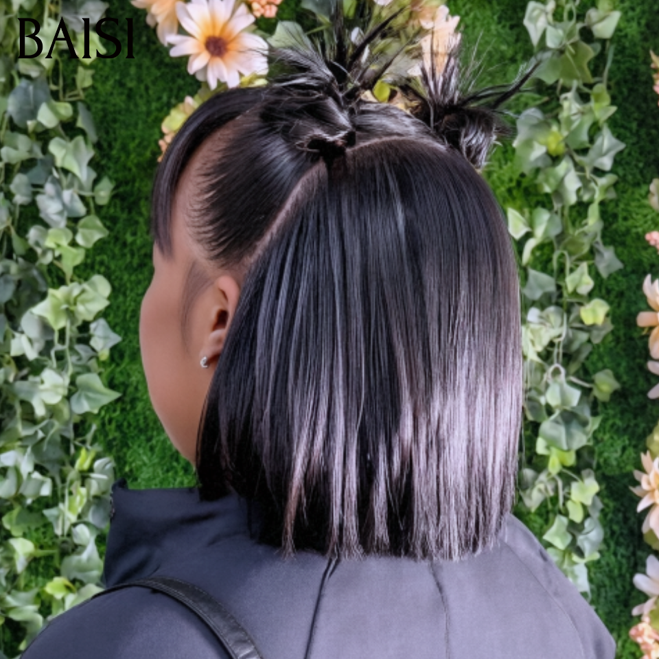 BAISI 13x4 Lace Perruque Bob Coiffée Lisse Avec Frange 8Pouces 119€ Couleur Noir 1B# Dejà Prête A Porter Coiffure Original 100% Identique  en 100% Cheveux humains
