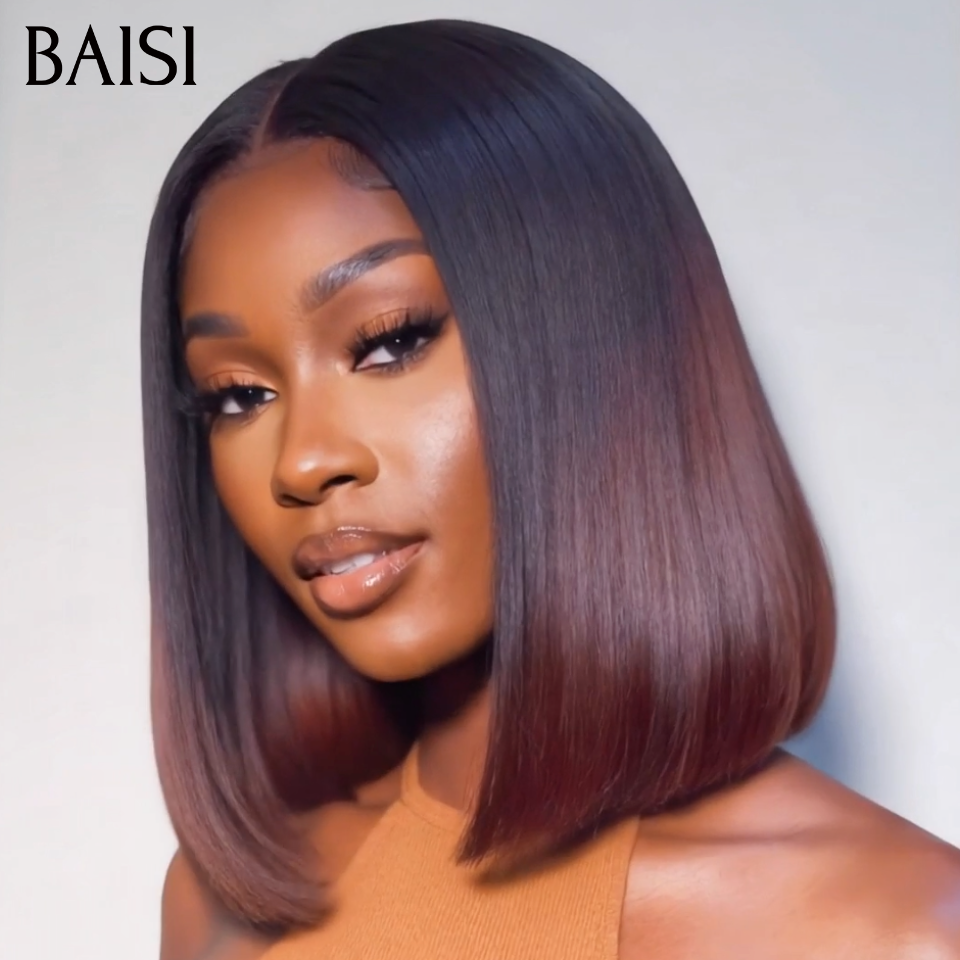BAISI 4X4 lace closure Perruque Bob Lisse 8 à 14 Pouces en couleur Marron avec racine NOIR 1BT4# Très Bonne Qualité en 100% Cheveux Humains