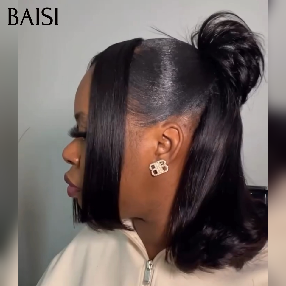 BAISI 13x4 lace Perruque Coiffée Bob Lisse Noir 1B#  12Pouces 129€ Coiffure chignon à bout légèrement balayé A la Mode en 100% Cheveux Humains