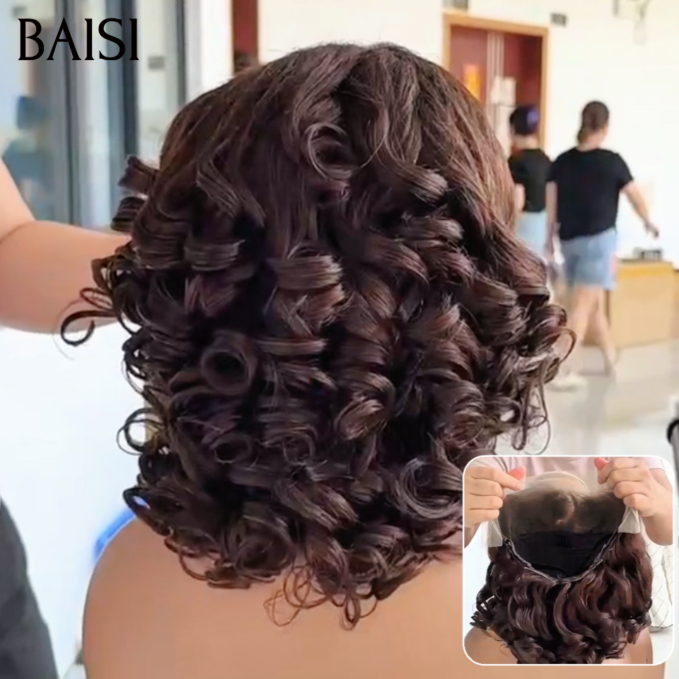 BAISI 13x4 Lace Perruque Egg Wave 12Pouces 128€ Couleur Marron 4# Boucle Bien Définie et Permanente en 100% Cheveux humains