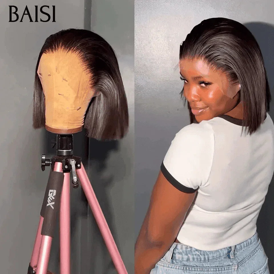 BAISI Grande Promo 13x4 Frontale Lace Perruque BOB Noir Lisse 8- 14 Pouces  En 100% Cheveux Humains D