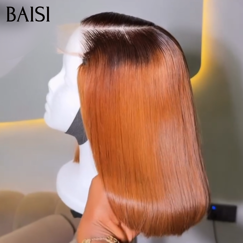 BAISI 13x4 Lace Perruque Bob Lisse  68€ Couleur Noir et Marron 1B4#  Ou Vente flash 66€ 12 Pouces pixie curly wave avec Frange Fabriqué à la Machine Facile à porter en 100% Cheveux Humains 