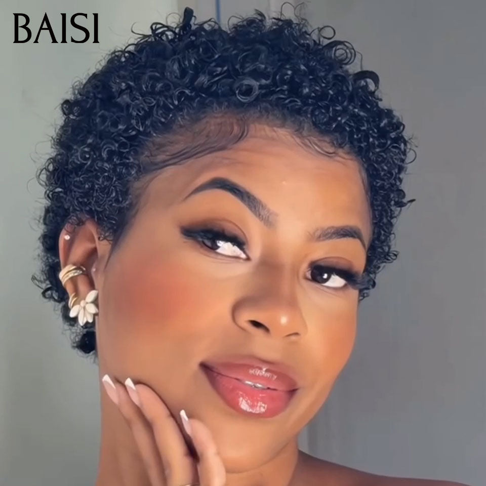 BAISI Pixie Petite Coupe Curly en Lace 13x4 Frontal 75€ Seulement Prix Imbattable Modèle Unique  En 100% Cheveux Humains