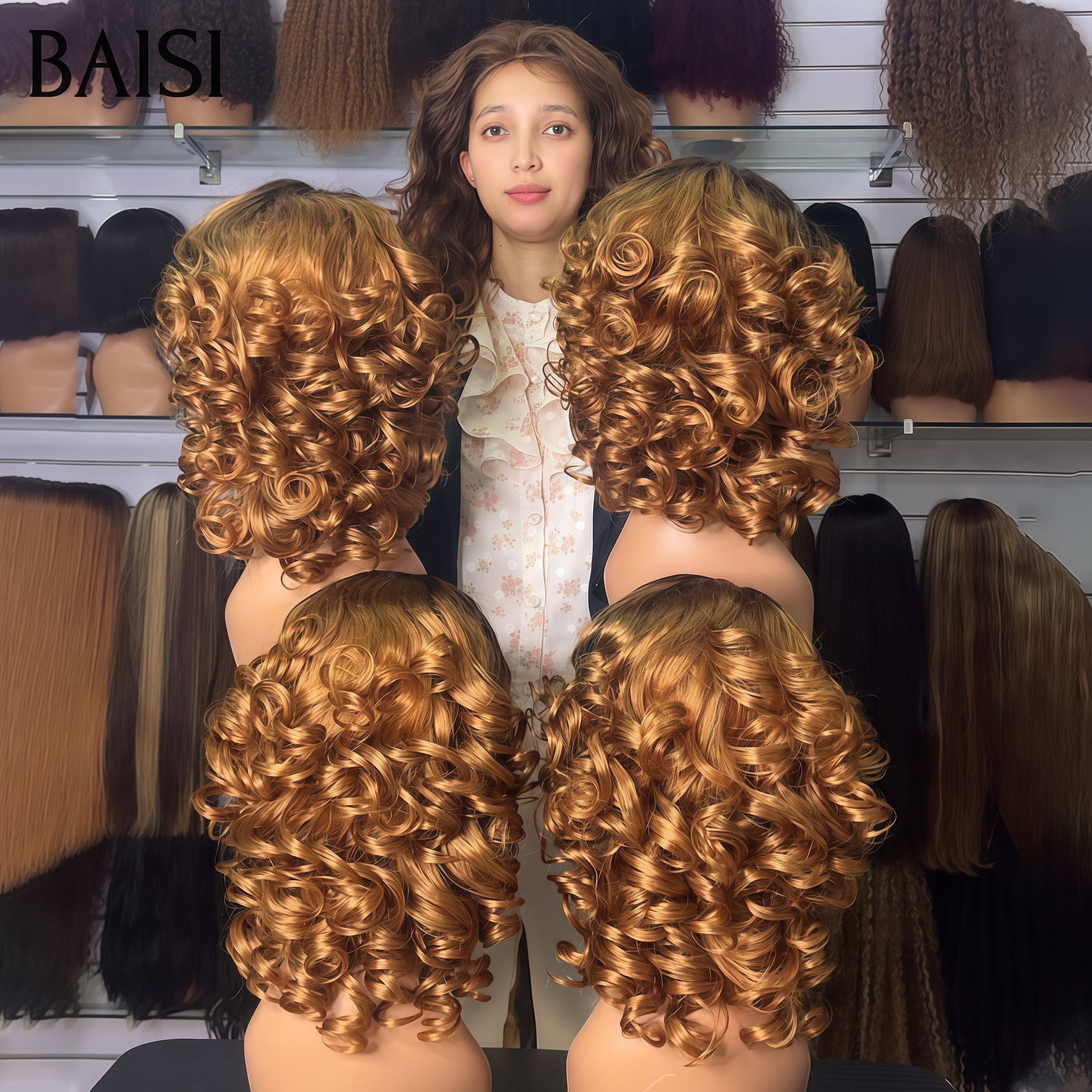 BAISI 13X4 Lace Perruque Bouncy Curl 300% Densité Couleur marron dorée 33# Taille 10Pouces et 14Pouces Qualité Incomparable en 100% Cheveux Humains