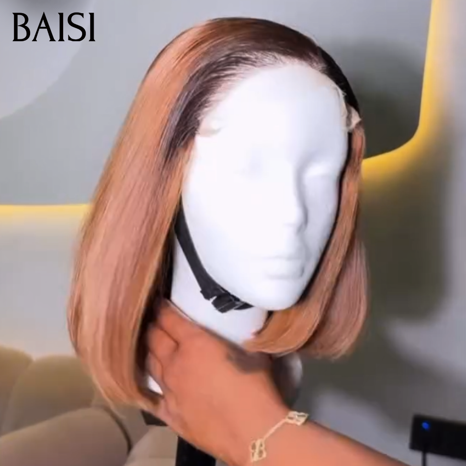 BAISI 13x4 Lace Perruque Bob Lisse  68€ Couleur Noir et Marron 1B4#  Ou Vente flash 66€ 12 Pouces pixie curly wave avec Frange Fabriqué à la Machine Facile à porter en 100% Cheveux Humains 
