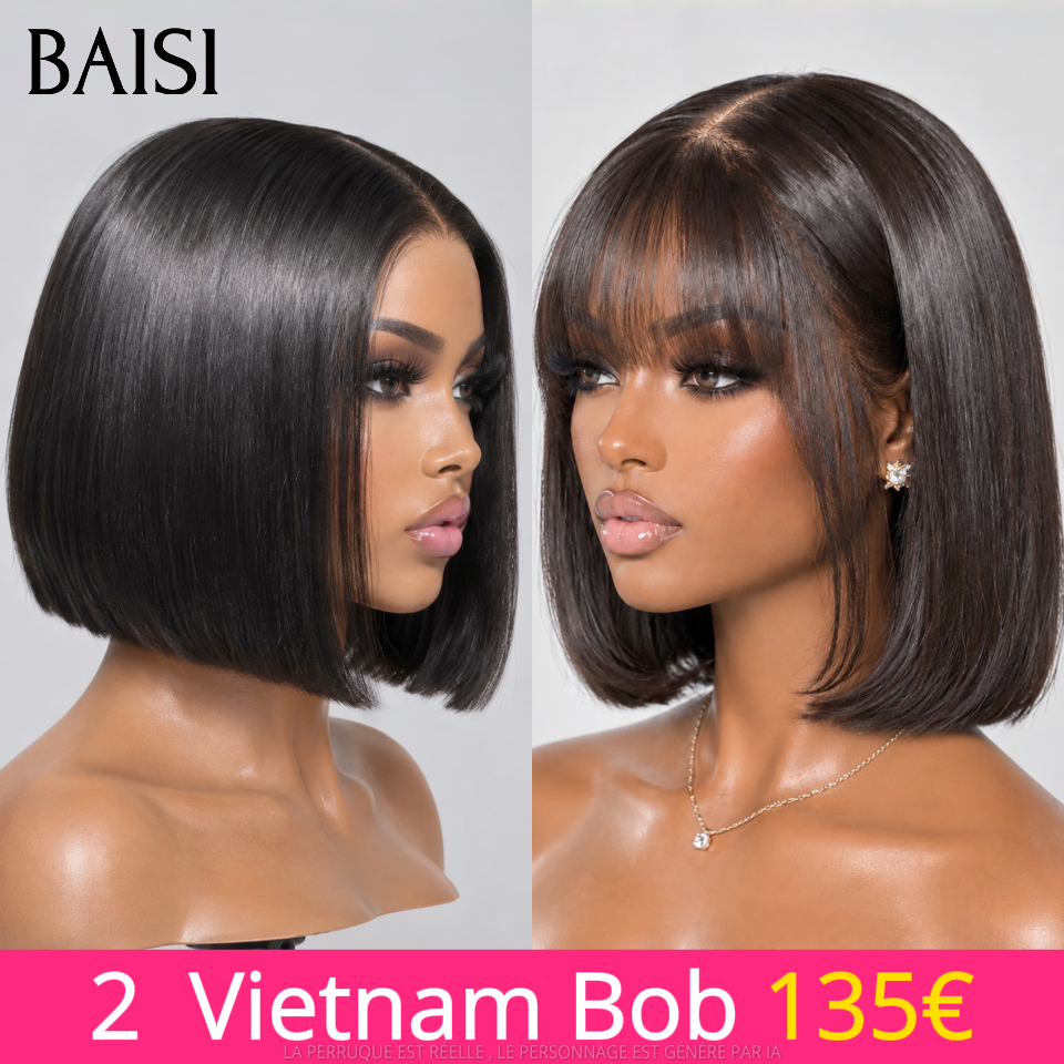 BAISI Lot de 2 Perruques bob Lisse Noir Vietnam Hair 8 pouces 135€ Seulement Avec et Sans Frange 100% Vietnam Hair de Qualtié  en 100% vrais cheveux humains