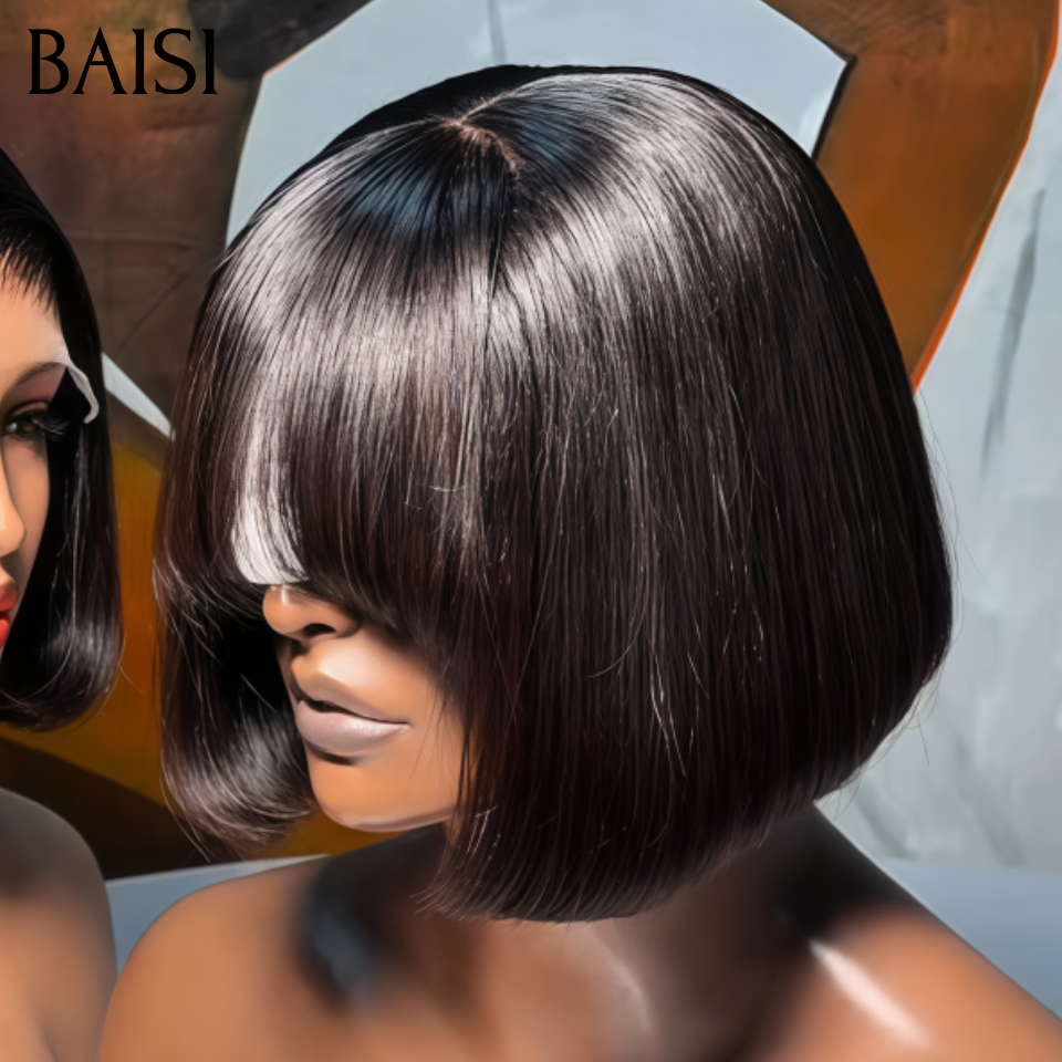 BAISI 2x6 Lace 2 Perruques Bob Lisse Noir 8 Pouces Avec ou Sans Frange 69€ et 79€ en 100% Cheveux Humains
