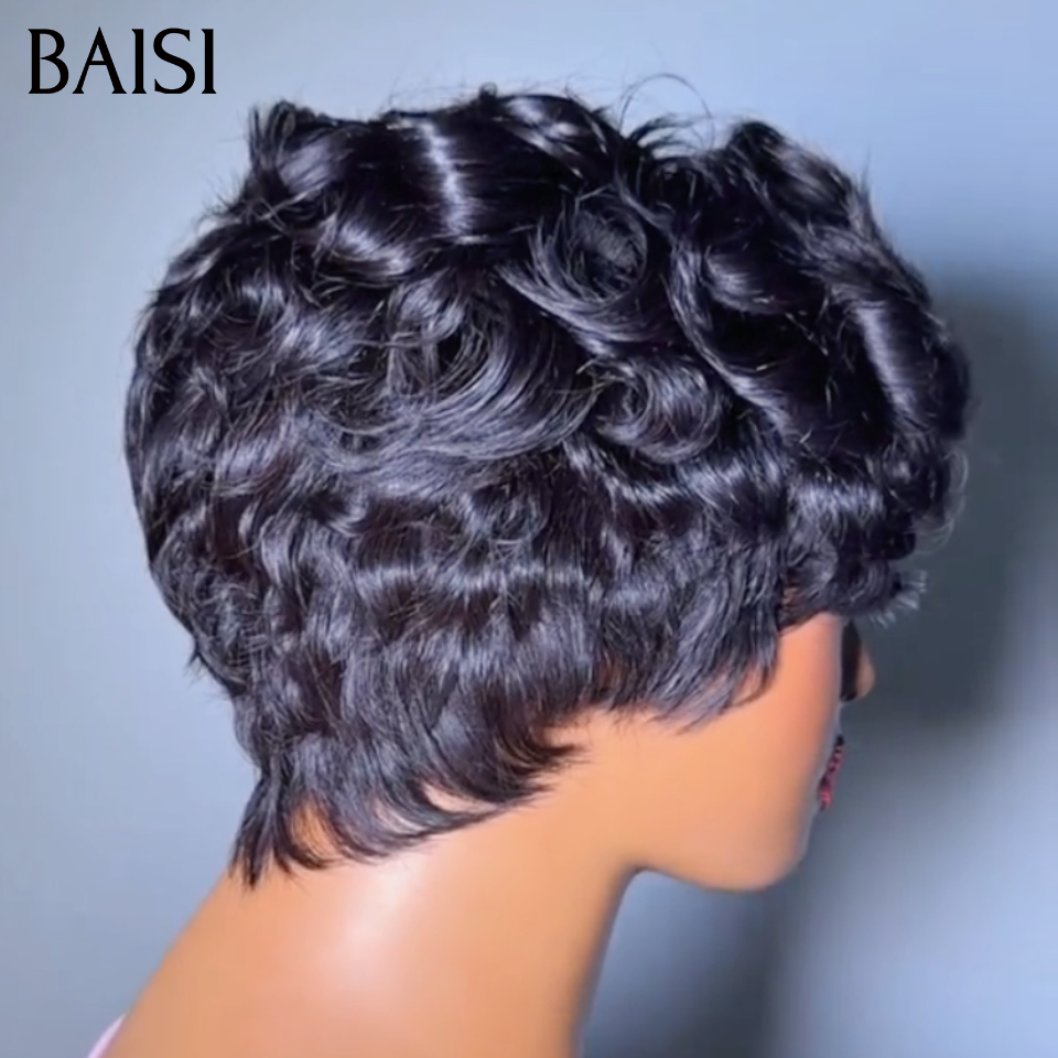 BAISI 13x4 Lace Perruque Coiffée Pixie Ondulée Courte Noir 78€ Deja Prête A Porter Coupe Très A l a Mode En 100% Cheveux humains