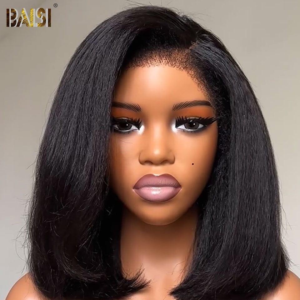 BAISI 13X4 Kinky Straight Bob Wig em preto 12 polegadas € 140 em 100% cabelo cru 4C Hairline Vietnam Hair 300% de densidade ao longo de 20 anos de uso