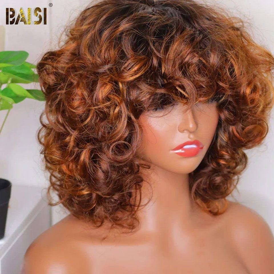 BAISI Perruque Bouclée Bouncy Curly en couleur mèches en 100% Cheveux Humains FR38