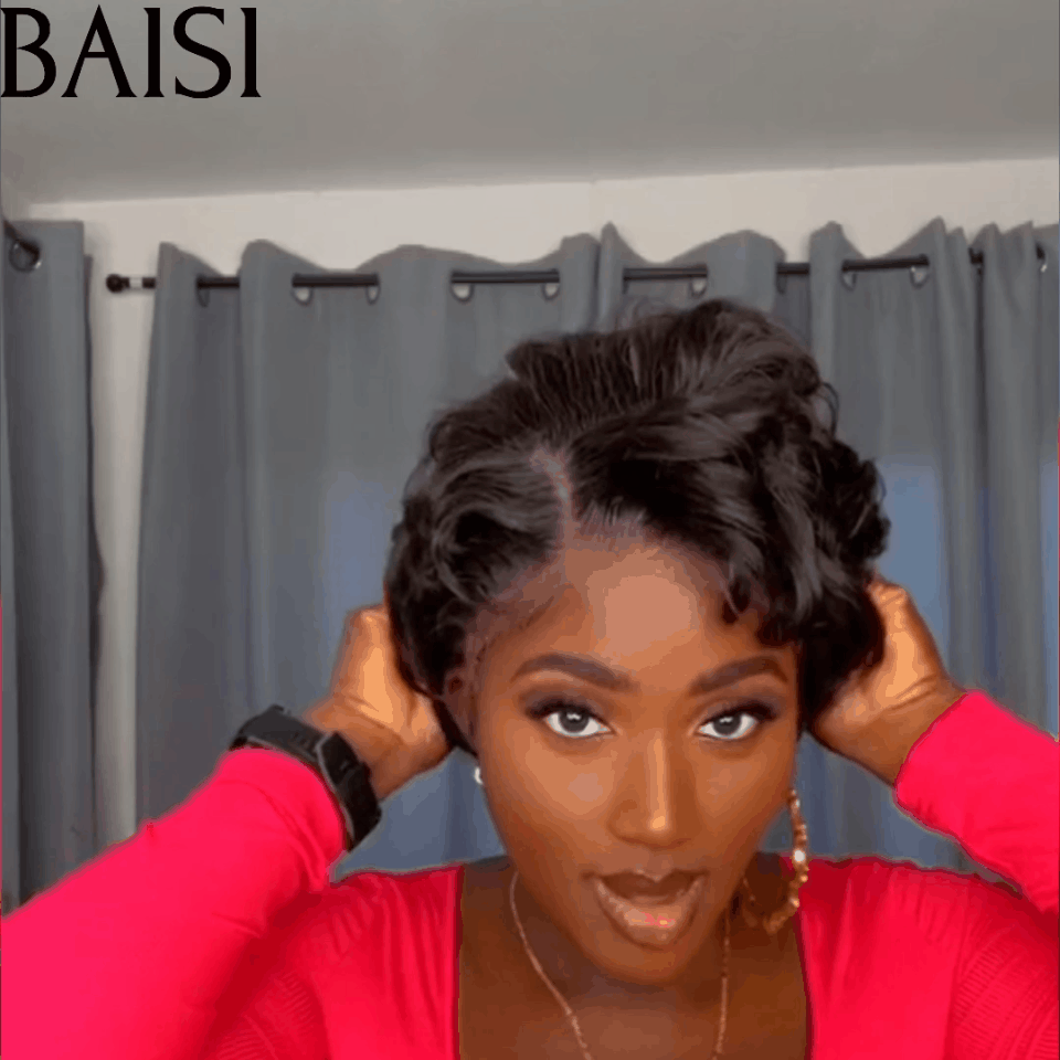 BAISI Offre Flash 13x4 Perruque Pixie boucles en Noir 8 Pouces 65€ 200% densité Pré-plucked 100% Cheveux Humains FR38