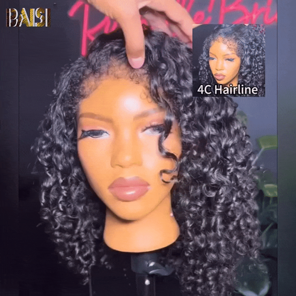 BAISI 13X4 Peluca de encaje rizado TW 16 pulgadas 250% densidad de gama alta con pelo de bebé encaje natural sin pegamento 100% cabello humano real 4C Hairline