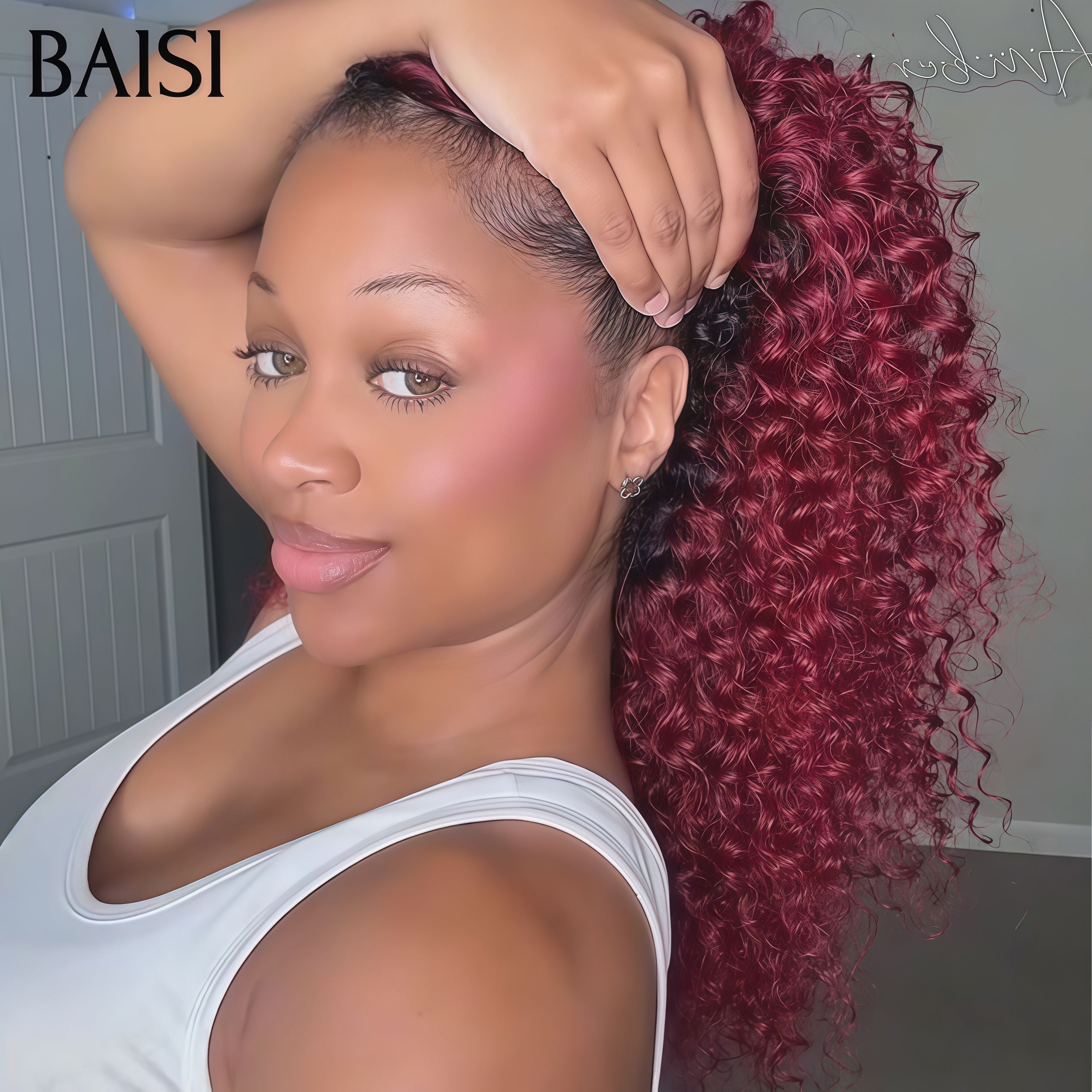 BAISI Extensions Plumes Cheveux Humains Rouge Bordeaux 99J#   en Crochet Texture Curly Wave Installation Etape par Etape Facile et Simple Rendu et naturel en 100% Cheveux Humains
