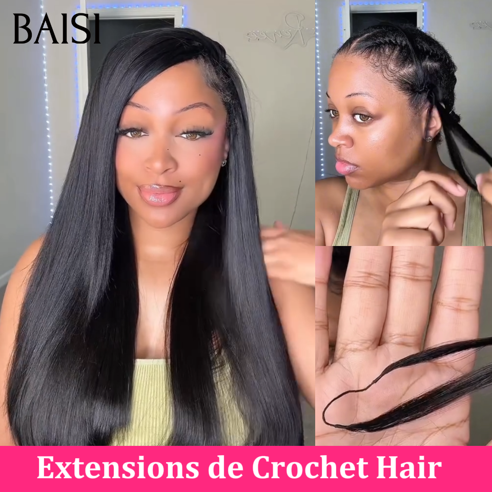 BAISI Extensions Plumes 100% Cheveux Humains Lisse Noir Pose Etape par Etape en Crochet Rendue Impeccablement Belle en 100% Cheveux Humains