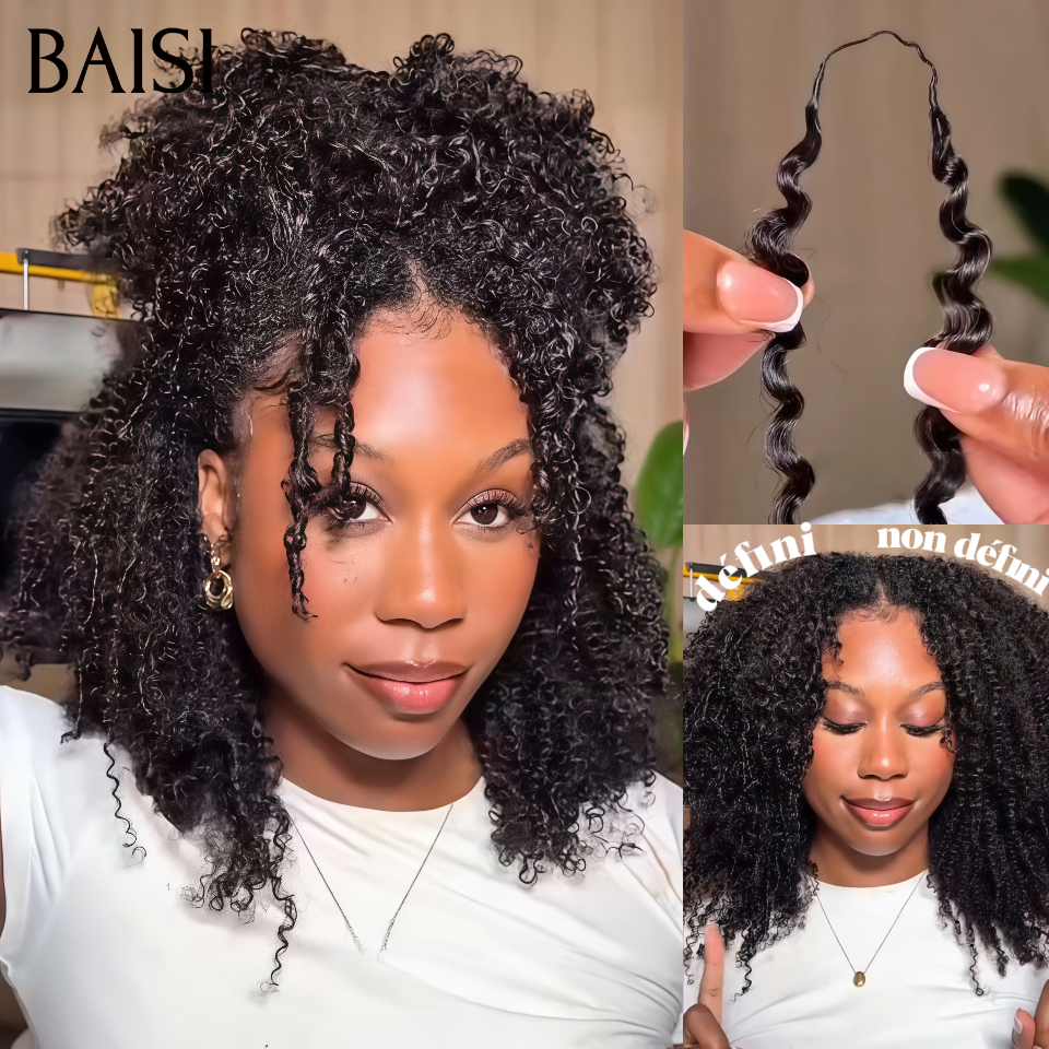 BAISI Extensions Plumes 100% Cheveux Humains Afro Curly Crépus Noire Installation Etape par Etape en Crochet Rendue Impeccable Plus Longue Plus de Volume en 100% Cheveux Humains